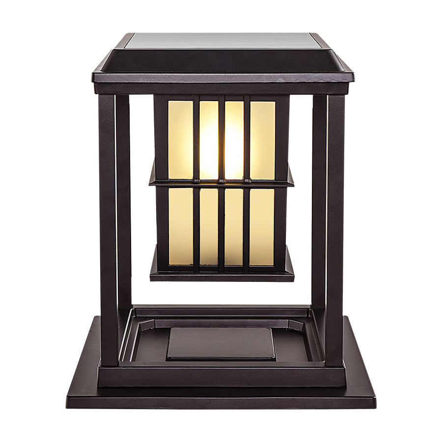 Close-up view of modern pillar light with linear metal slats and warm LED illumination