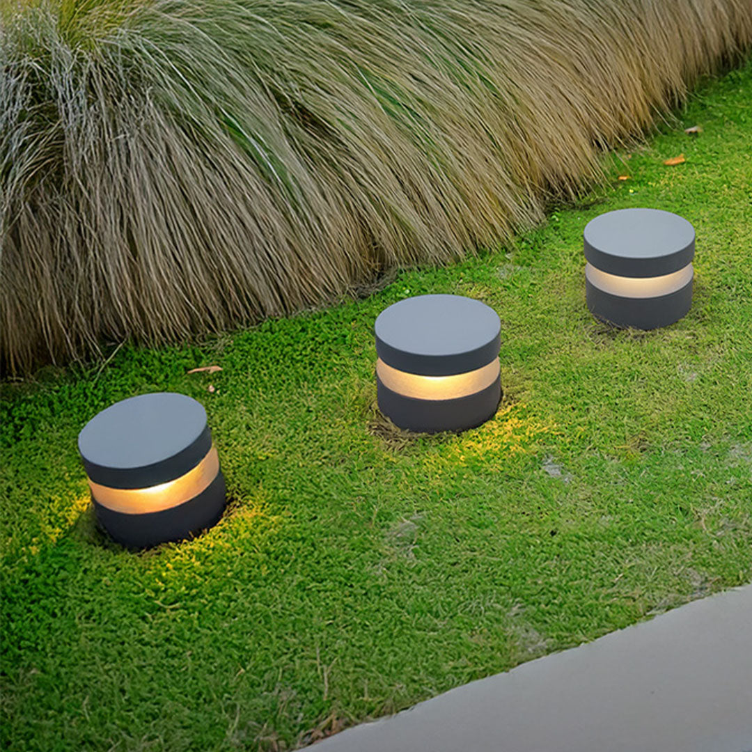 Compact 110v landscape lights arranged across green grass, delivering even ambient lighting for outdoor residential landscapes.