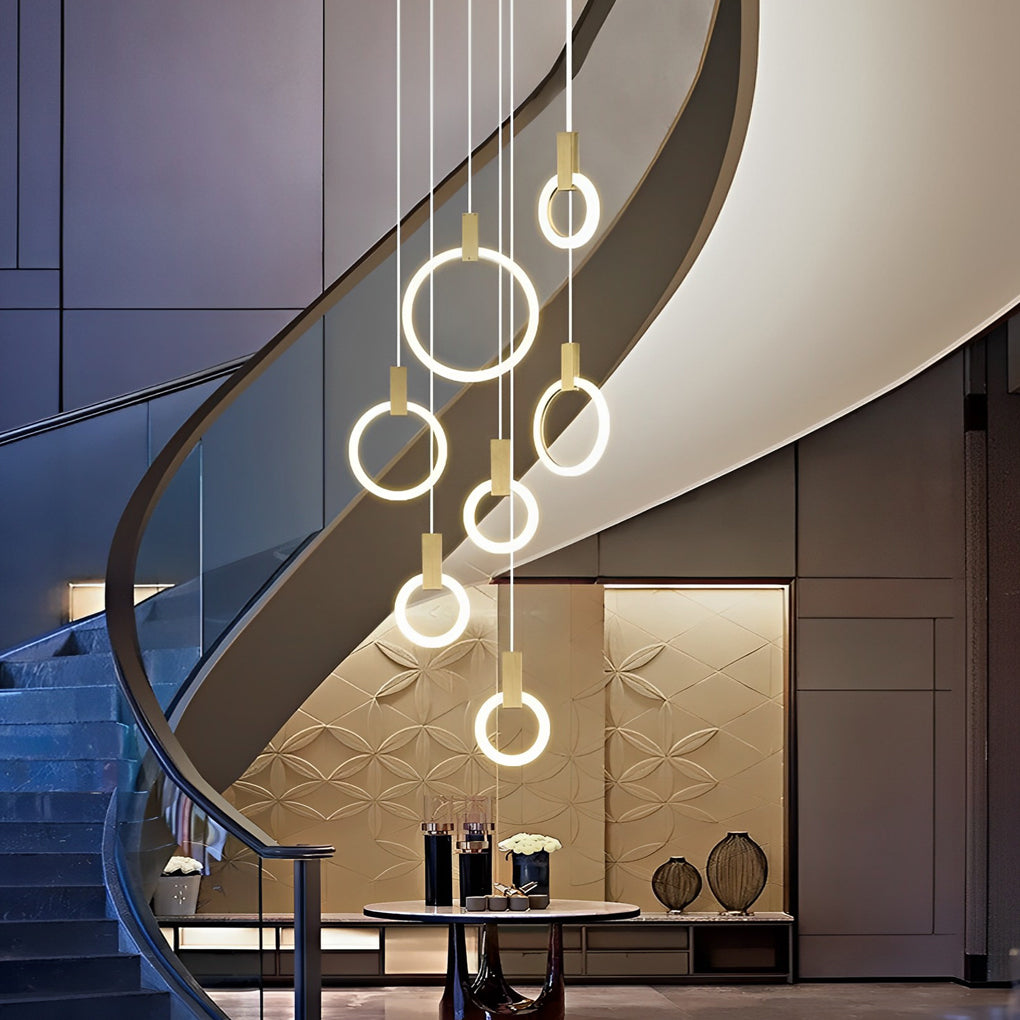 Minimalist Rings Stepless Dimming LED Nordic Duplex Stair Chandelier Design