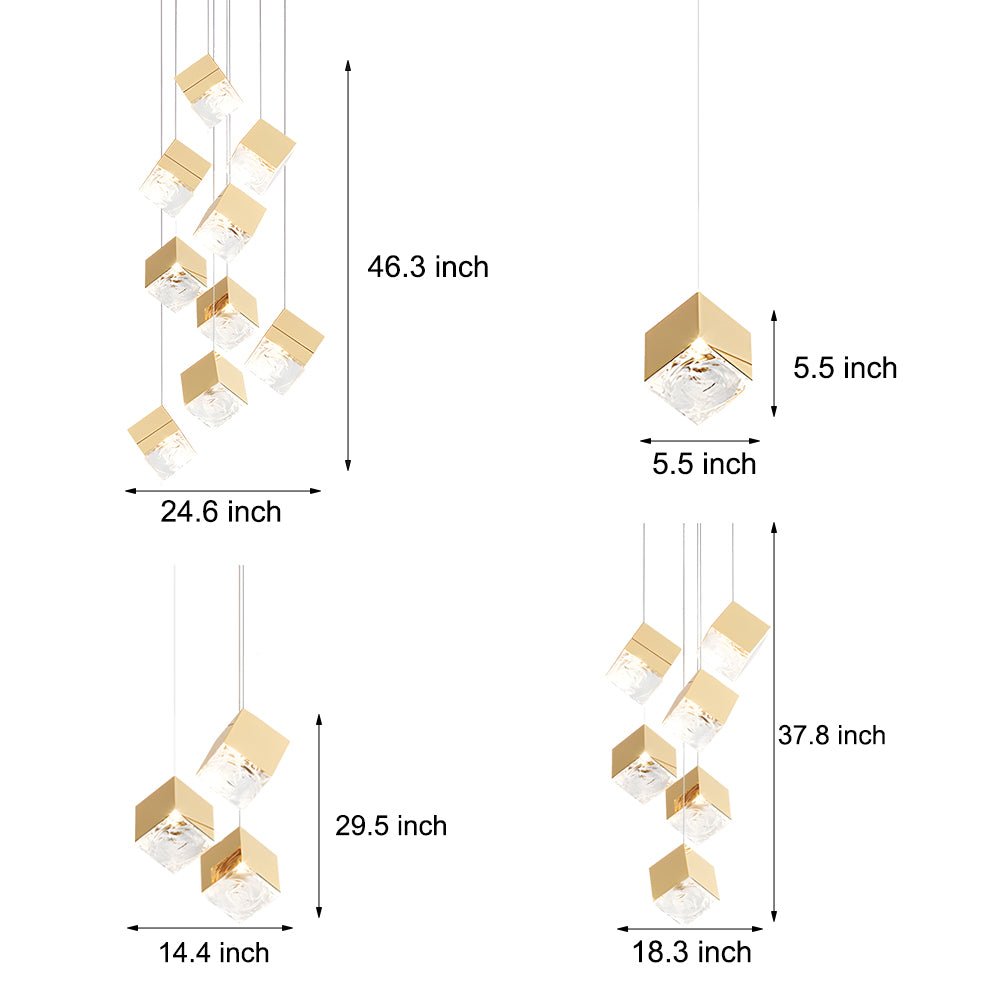 1/3/6/9 - Light Multi Glass Ice Cube Metallic Staircase Chandelier in Gold/Chrome