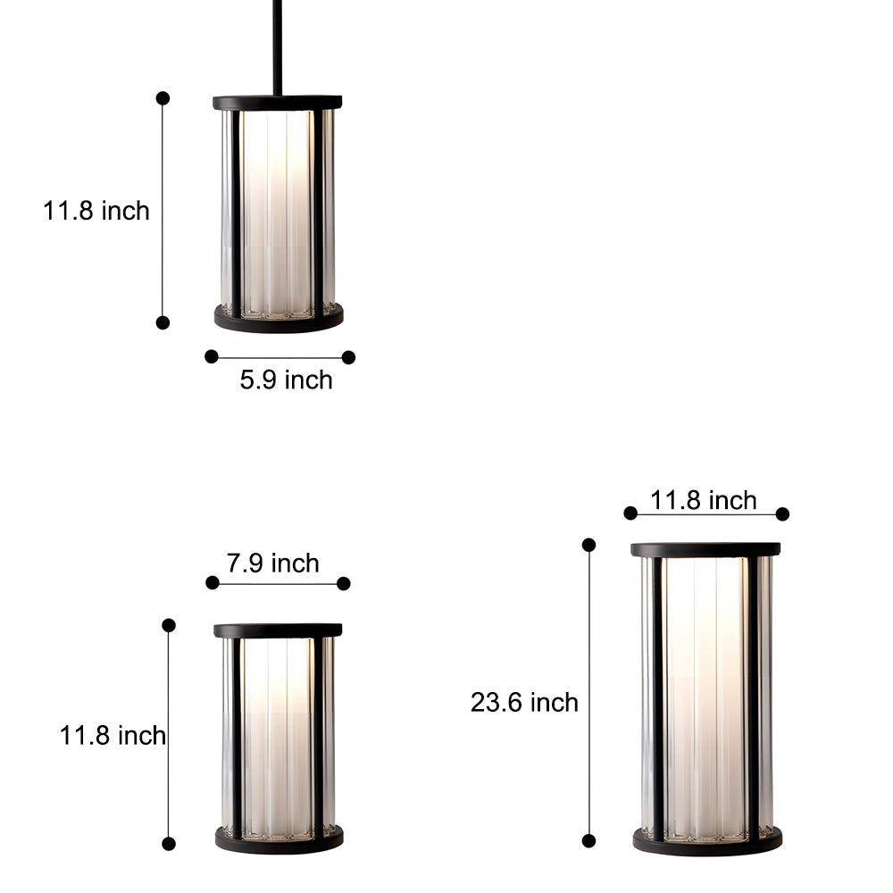 Technical specification chart displaying height and diameter measurements for cylindrical light fixture collection