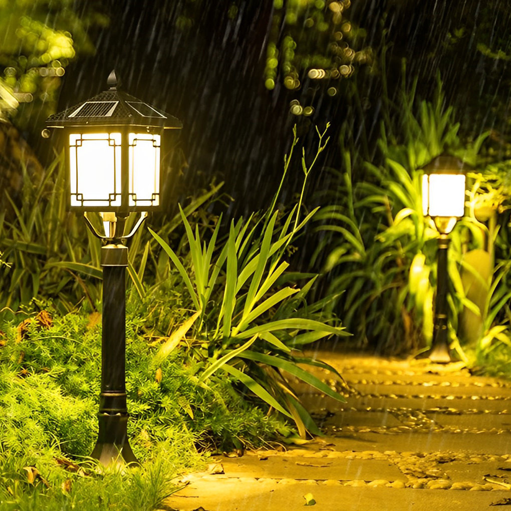 Ancient House Style Solar LED Post Light with 3-Step Dimming Durable Outdoor Lamp