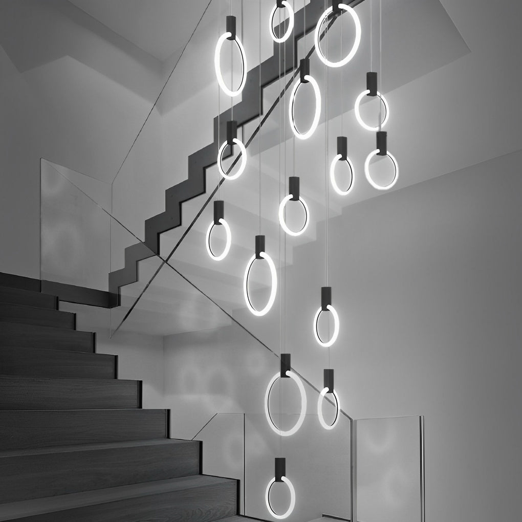 Minimalist Rings Stepless Dimming LED Nordic Duplex Stair Chandelier Design