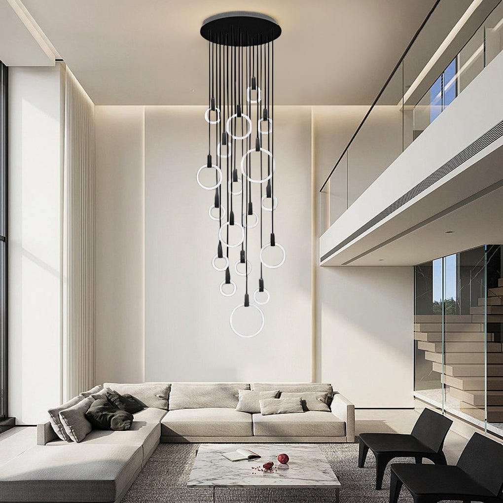 Minimalist Rings Stepless Dimming LED Nordic Duplex Stair Chandelier Design
