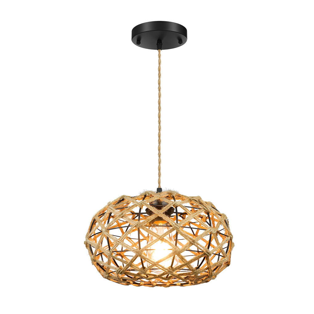 Round Hand Woven Cage Rope Beige Retro Minimalist Ceiling Lighting Chandelier