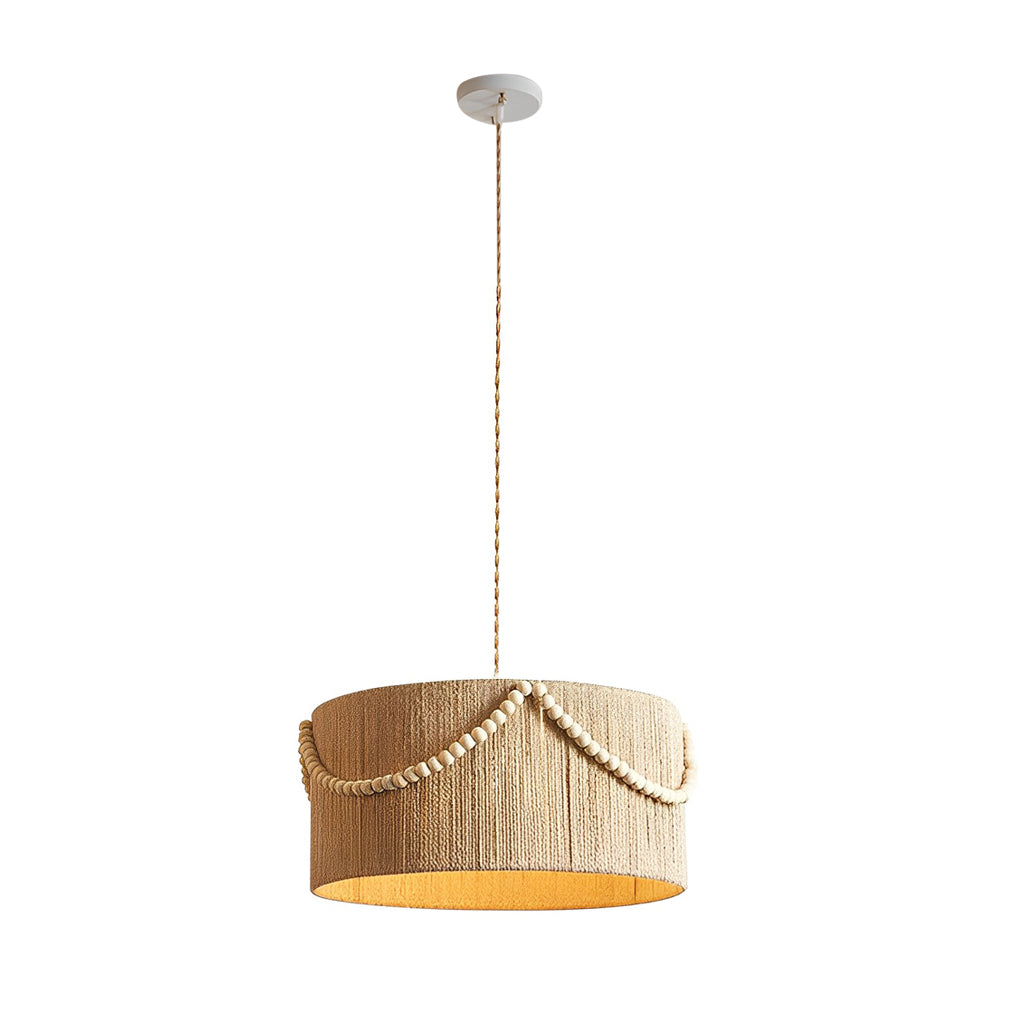 Round Twine Rope Wood Beads Tassels Boho Style Chandelier Pendant Light Fixture