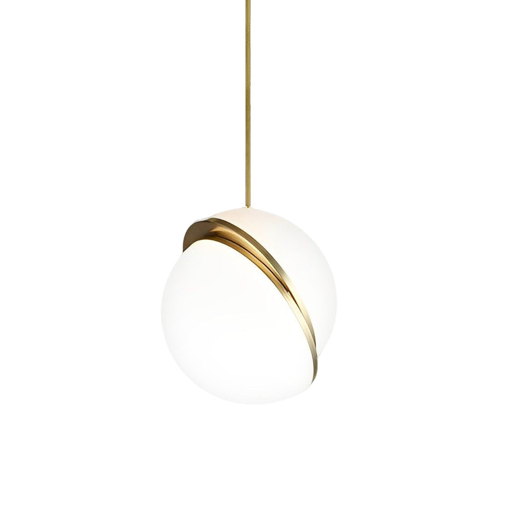 Beautiful White Spherical Pendant Light featuring a gold band accent on a white background.