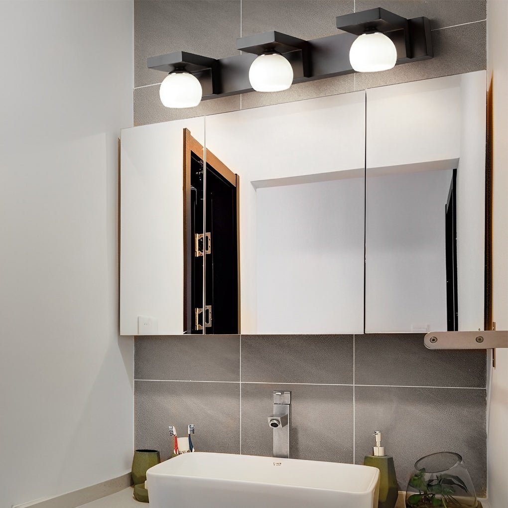 2/3 - Light Wood Bathroom Vanity Light with Adjustable Iron Spotlight and Fixed Glass Shades