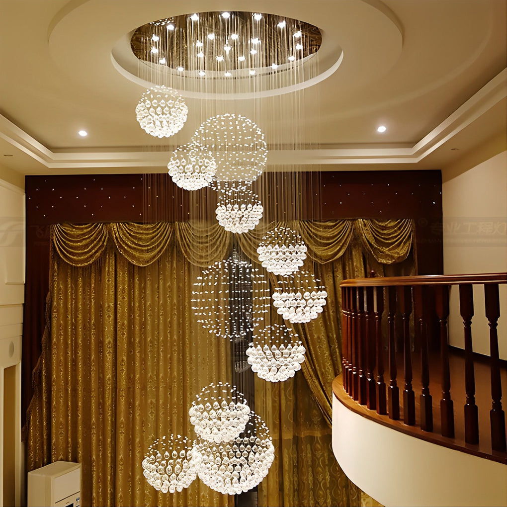 Spiral Raindrop Crystal Ball Three Step Dimming LED Staircase Chandelier Design