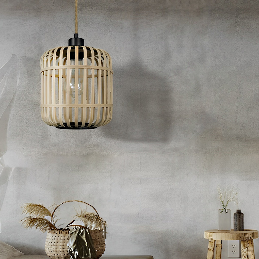 Handmade Rattan Lantern Shape Minimalist Japanese Style Pendant Lightings