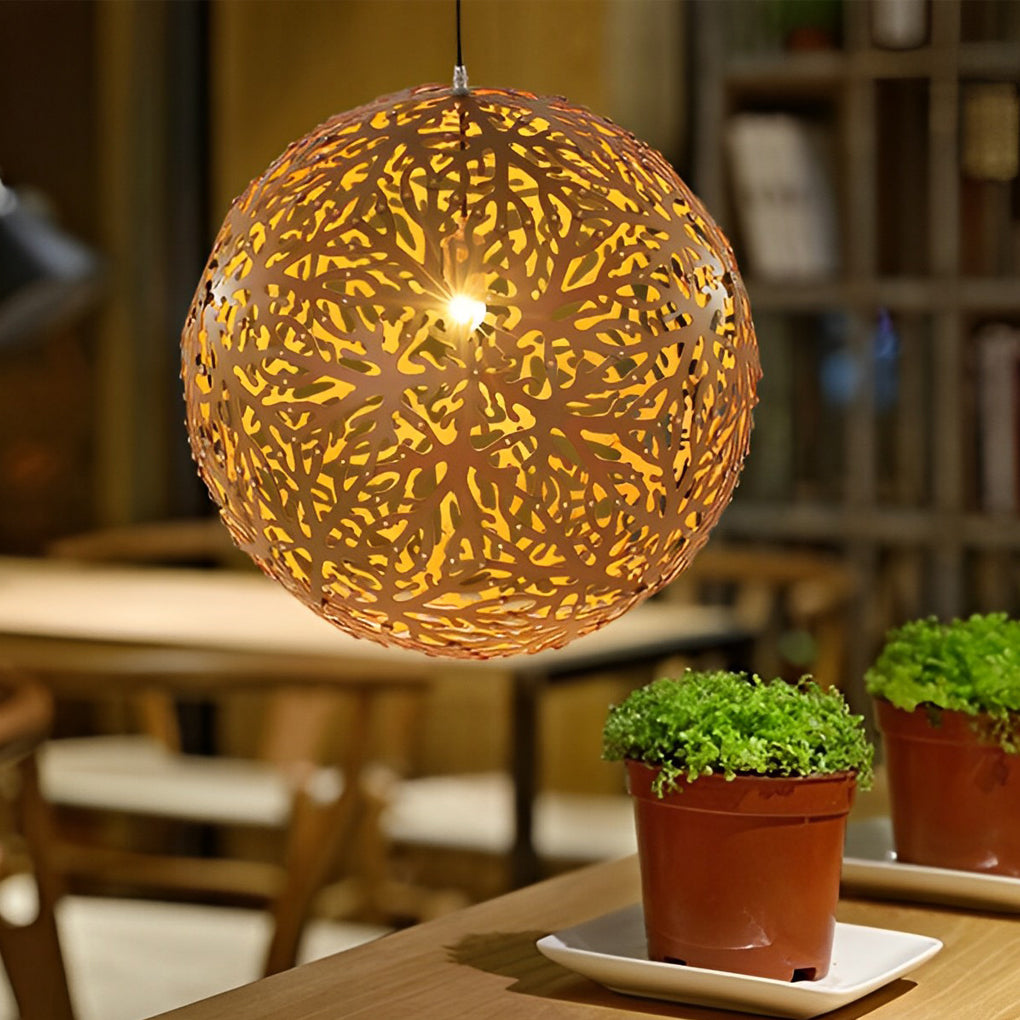 Handmade Hollowed Ball Basswood Shade LED Creative Modern Chandelier Design