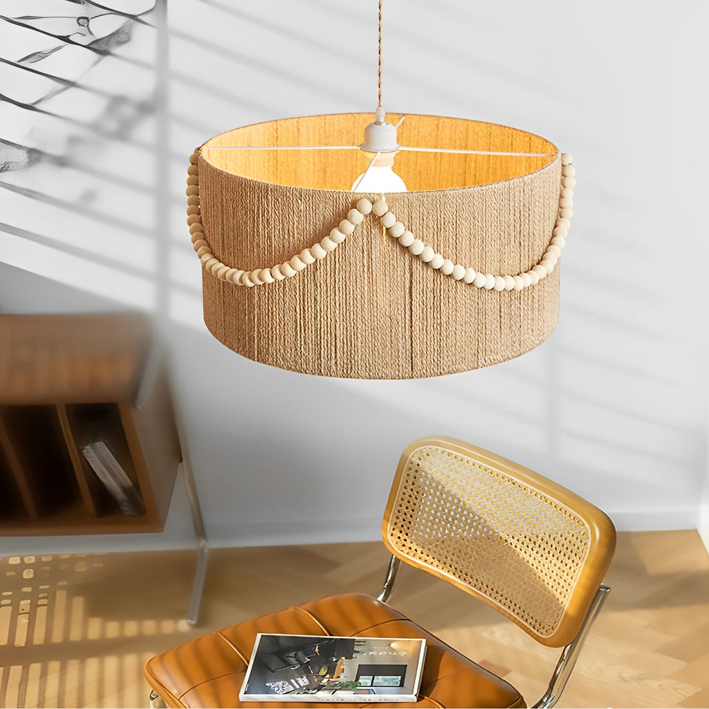 Round Twine Rope Wood Beads Tassels Boho Style Chandelier Pendant Light Fixture