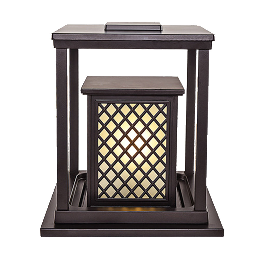 Angled view of contemporary outdoor light showing geometric panel construction and warm glow