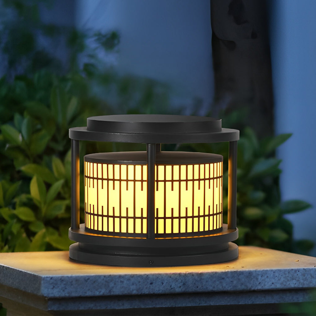 Round Retro Pattern Waterproof LED Black Modern Solar Fence Post Lights - Dazuma