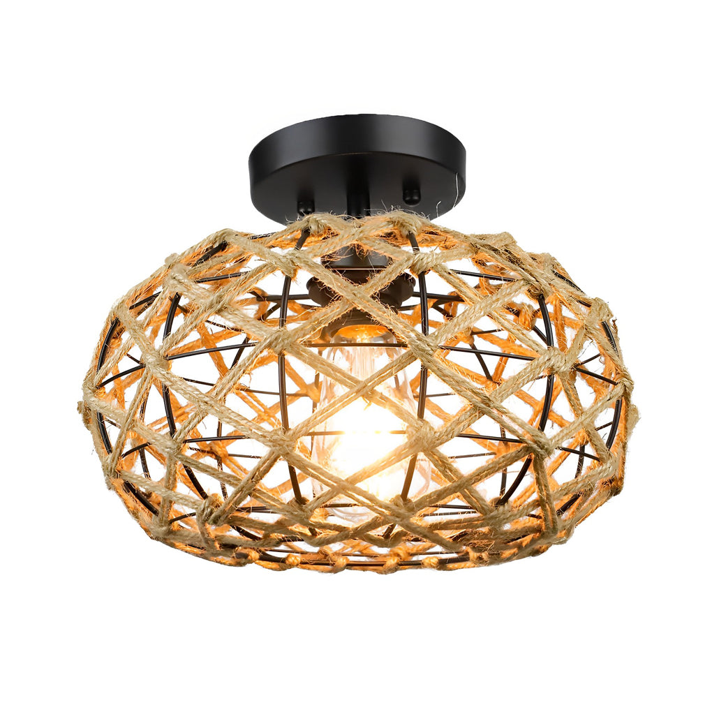 Round Hand Woven Cage Rope Beige Retro Minimalist Ceiling Lighting Chandelier
