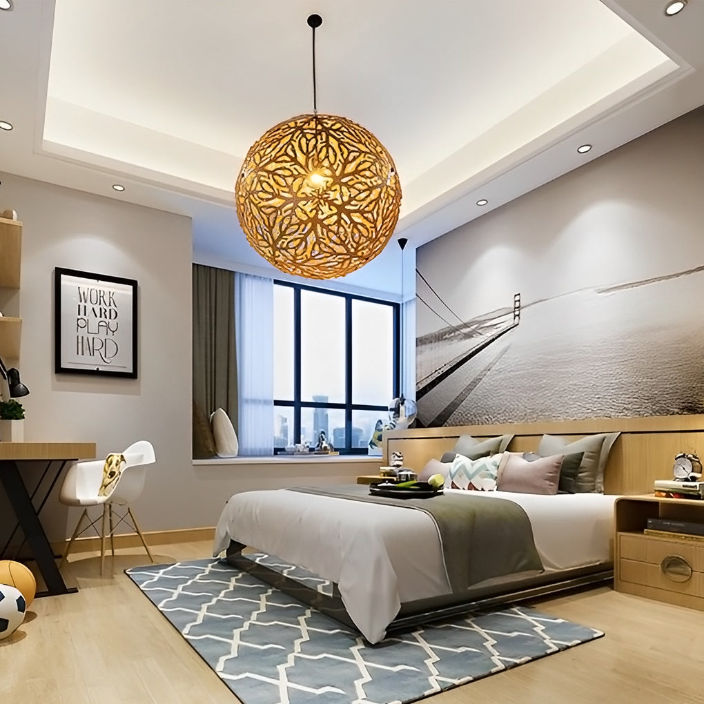 Handmade Hollowed Ball Basswood Shade LED Creative Modern Chandelier Design