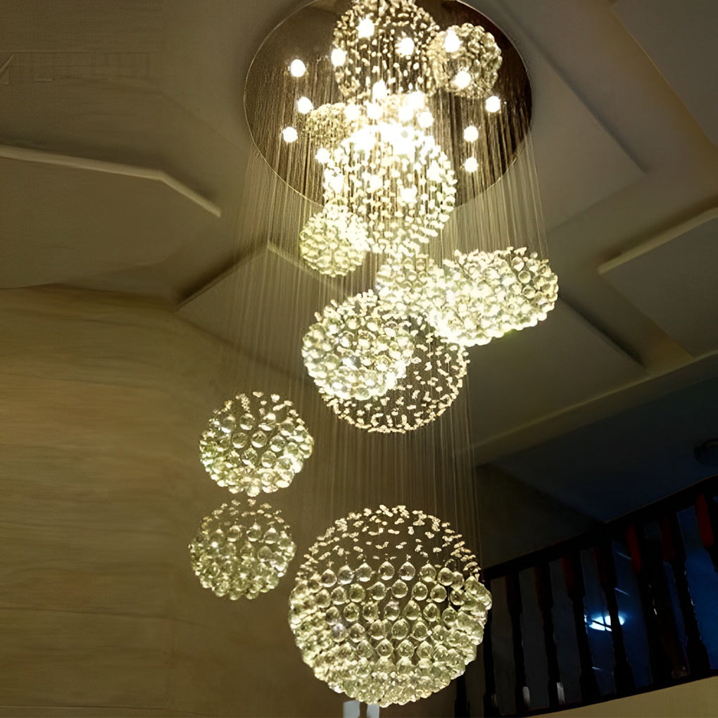 Spiral Raindrop Crystal Ball Three Step Dimming LED Staircase Chandelier Design