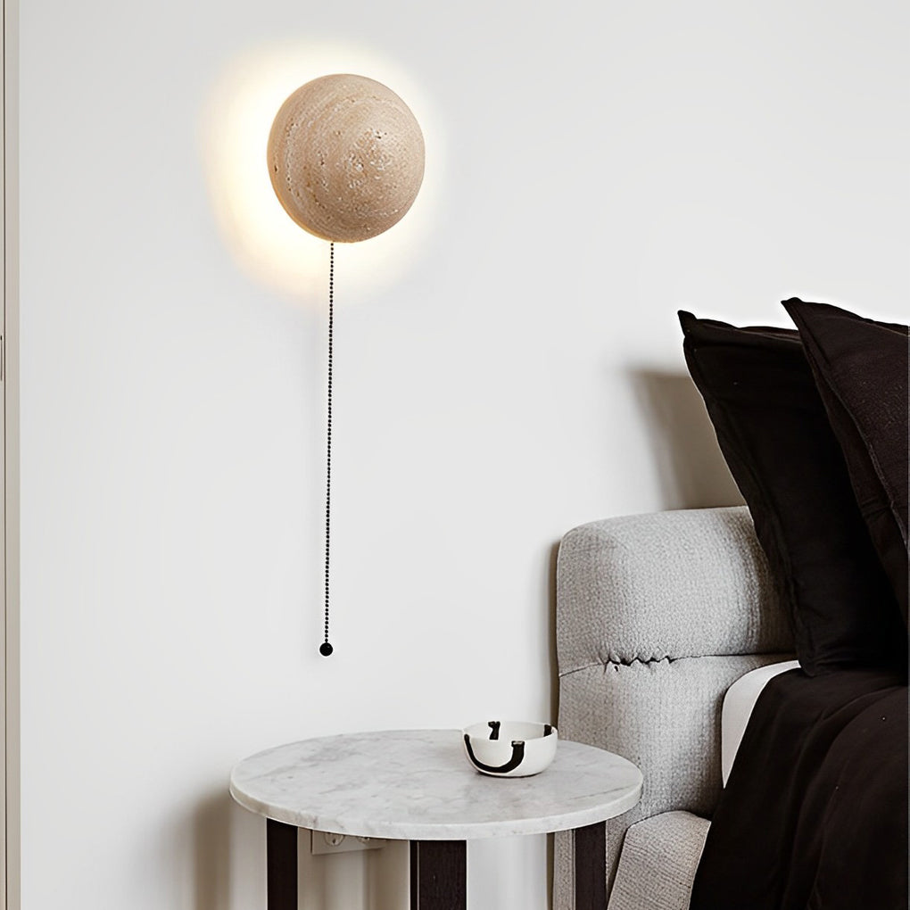 Round Natural Texture Stone Japanese Style Wall Lamp with Pull Switch - Dazuma