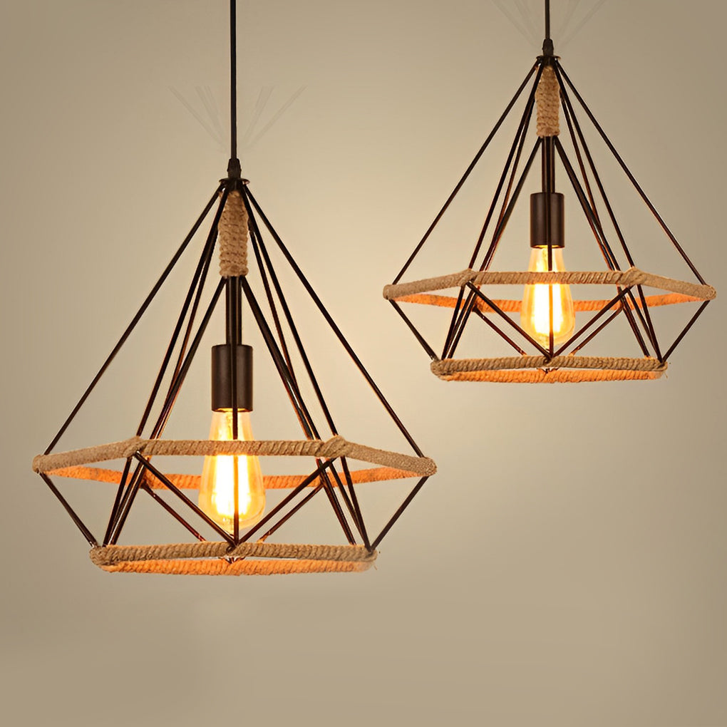 Geometric Creative Iron Rope Lantern Shape Black Rustic Chandelier Pendant Lightings