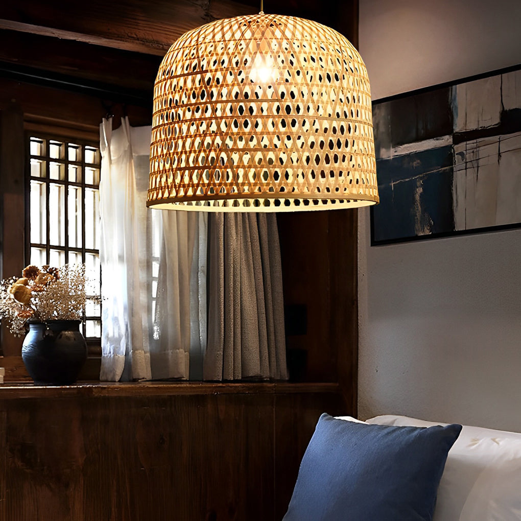 Round Bamboo Hand Woven Pendant Lighting Nature Inspired Country Ceiling Light
