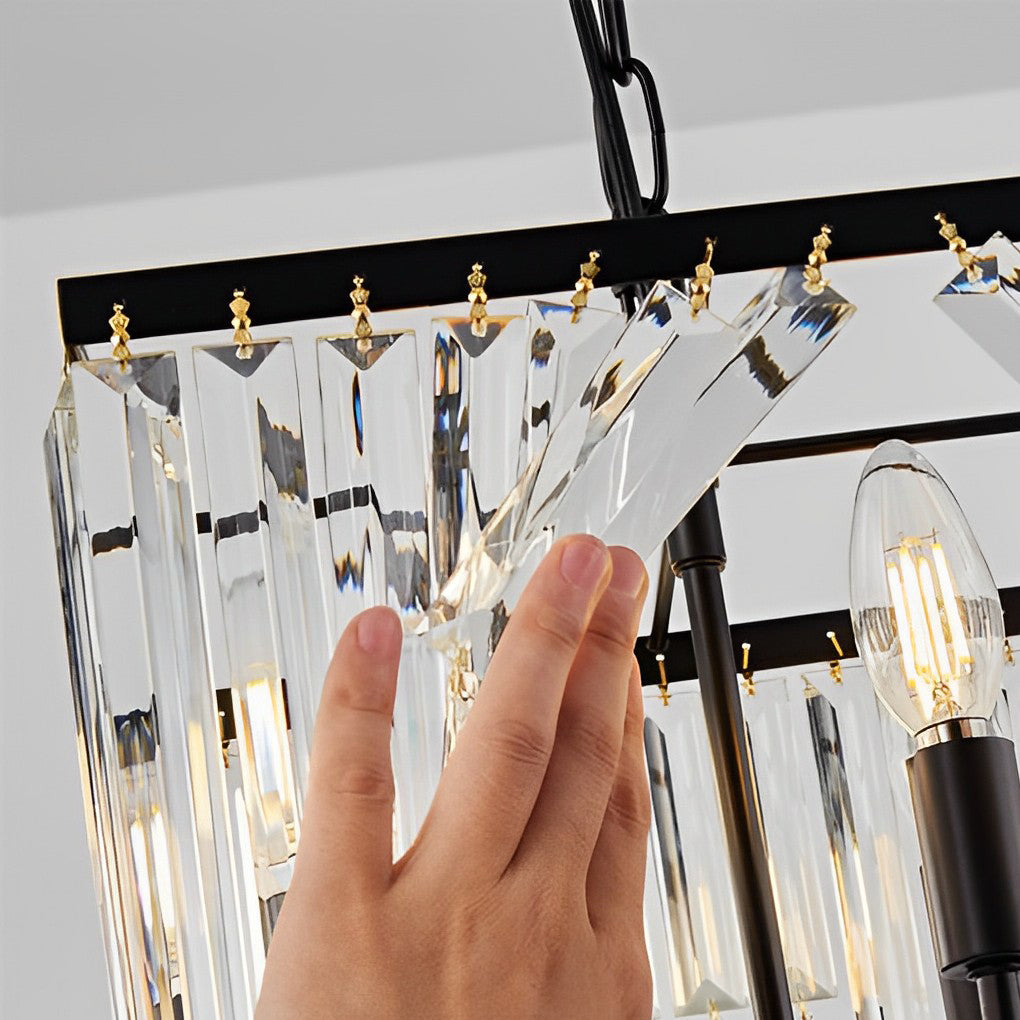 4 Lights Crystal Strips LED Three Step Dimming Black Modern Chandelier Design