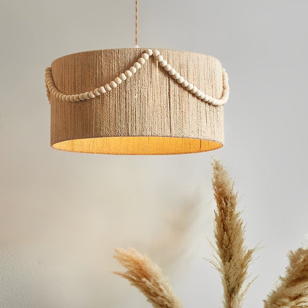 Round Twine Rope Wood Beads Tassels Boho Style Chandelier Pendant Light Fixture