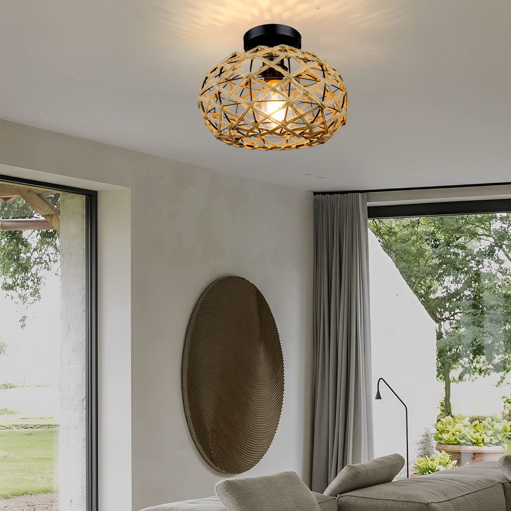 Round Hand Woven Cage Rope Beige Retro Minimalist Ceiling Lighting Chandelier