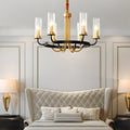 6/8 - Light Candlelight Wagon Wheel Chandelier with Glass Shades