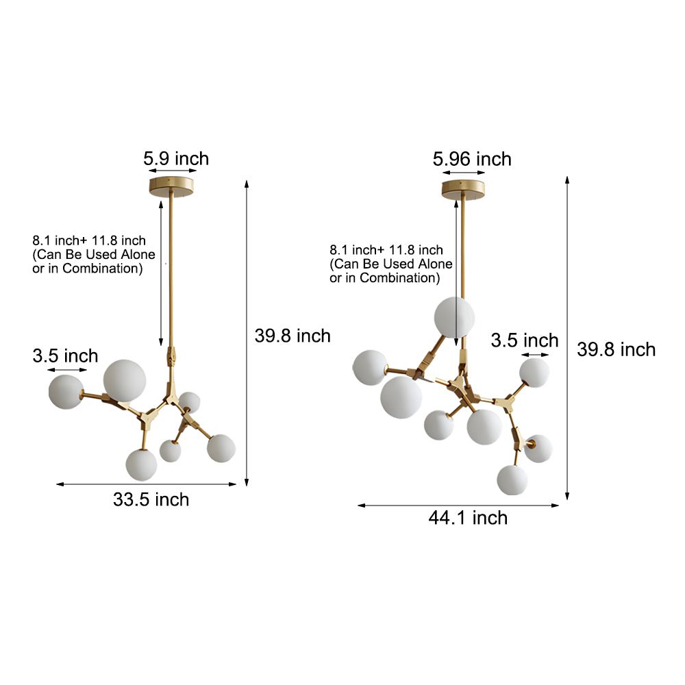 6/8 - Light Gold Molecule Chandelier with White Glass Shades