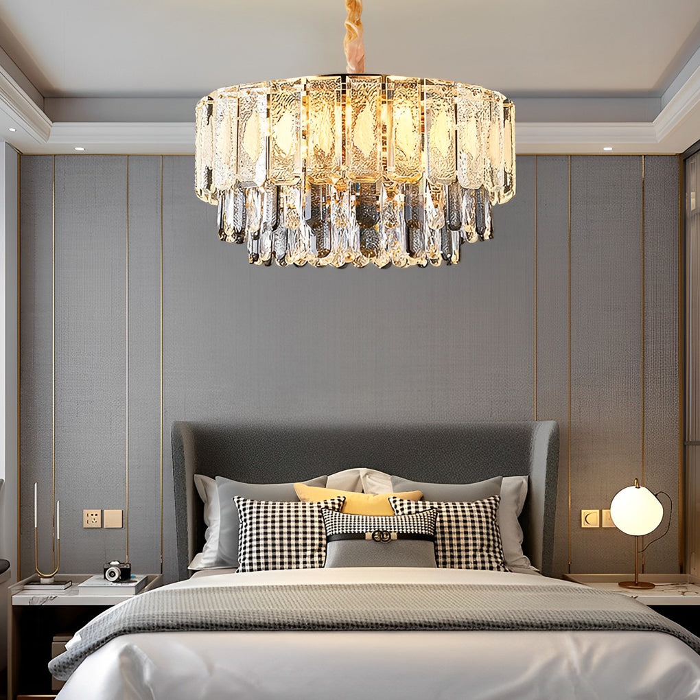Round Three Step Dimming LED Crystal Strips Postmodern Chandelier Light Design