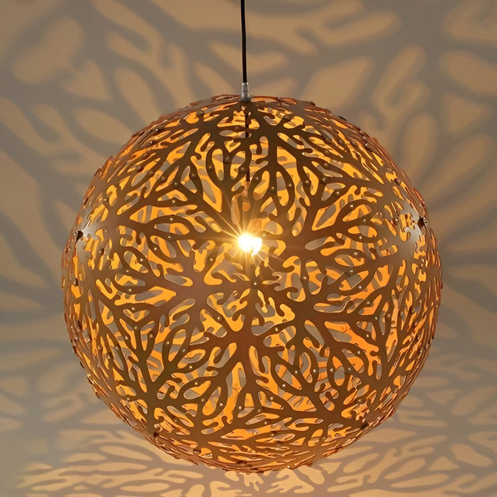 Handmade Hollowed Ball Basswood Shade LED Creative Modern Chandelier Design