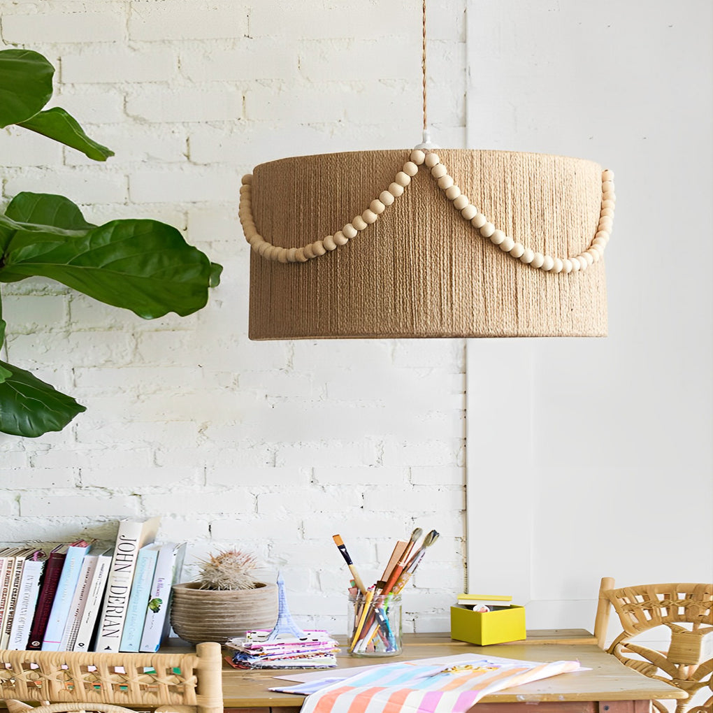 Round Twine Rope Wood Beads Tassels Boho Style Chandelier Pendant Lamp - Dazuma