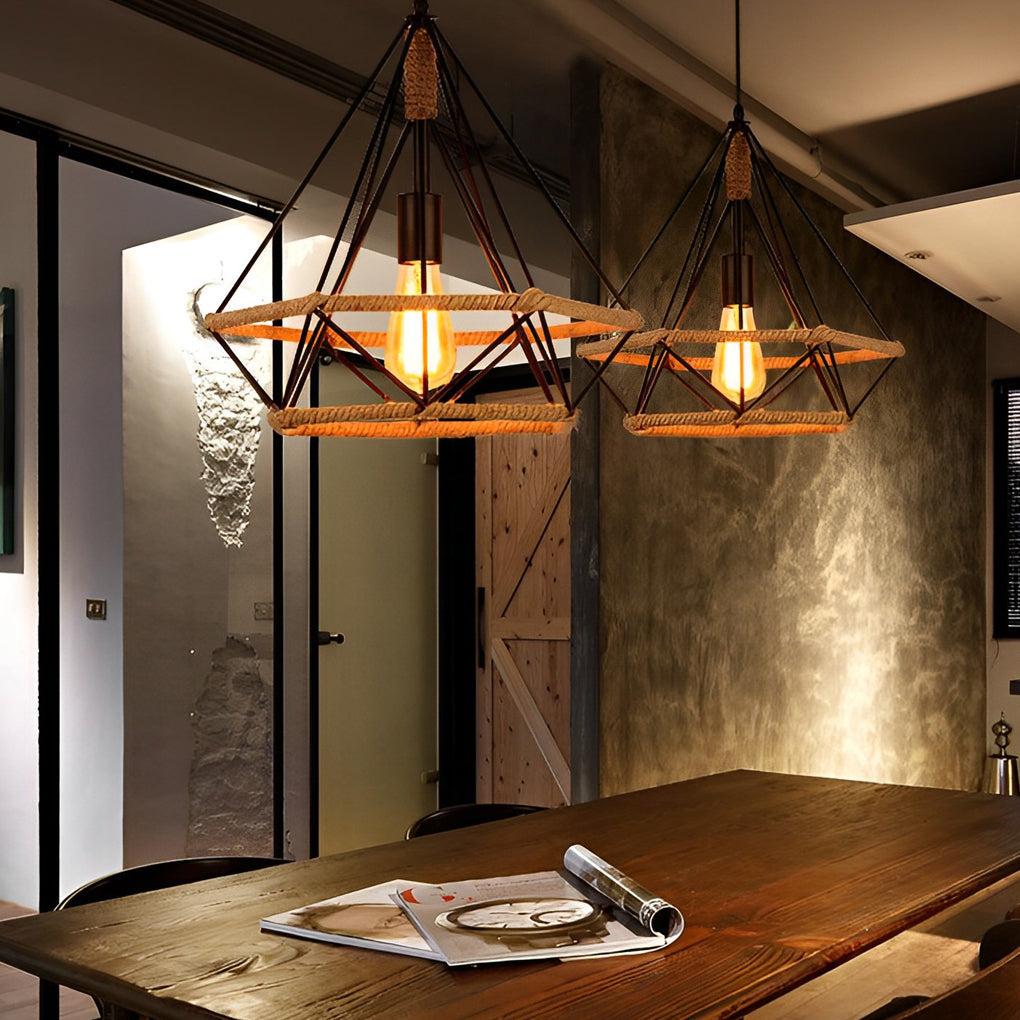 Geometric Creative Iron Rope Lantern Shape Black Rustic Chandelier Pendant Lightings
