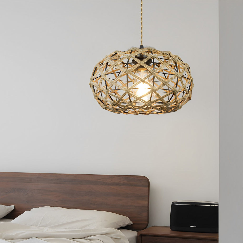Round Hand Woven Cage Rope Beige Retro Minimalist Ceiling Lighting Chandelier