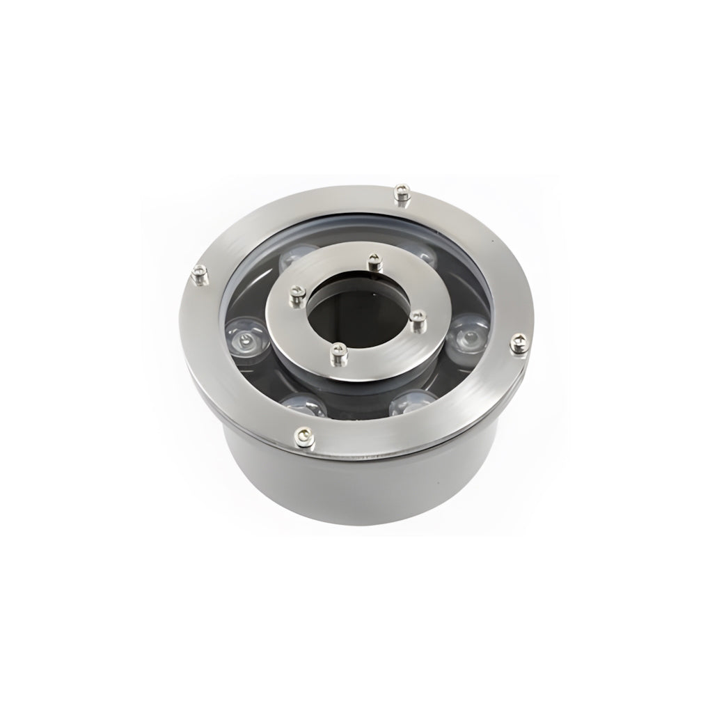 Stainless steel 6W water fountain light with compact design and central mounting hole for outdoor water features.