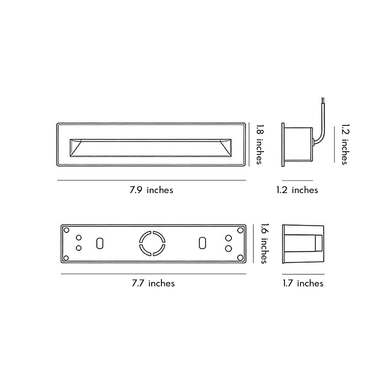 7.9 inch long recessed deck lights for steps dimensions and technical drawing.