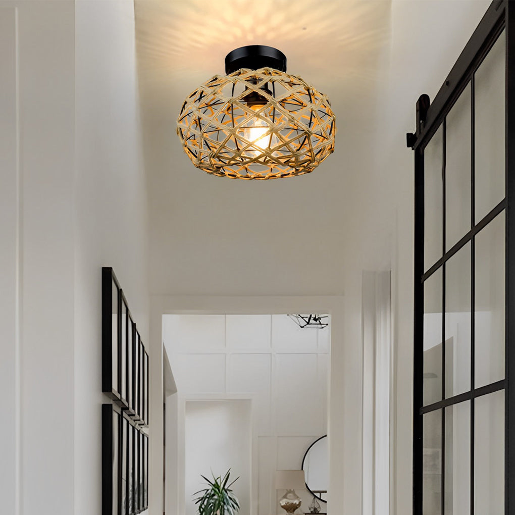 Round Hand Woven Cage Rope Beige Retro Minimalist Ceiling Lighting Chandelier