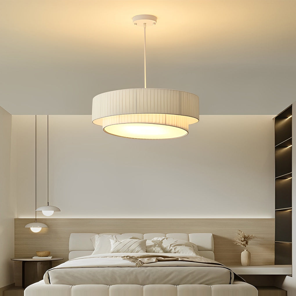 Double Layer Drum Pleated Fabric White Creative Nordic Chandelier Light Design