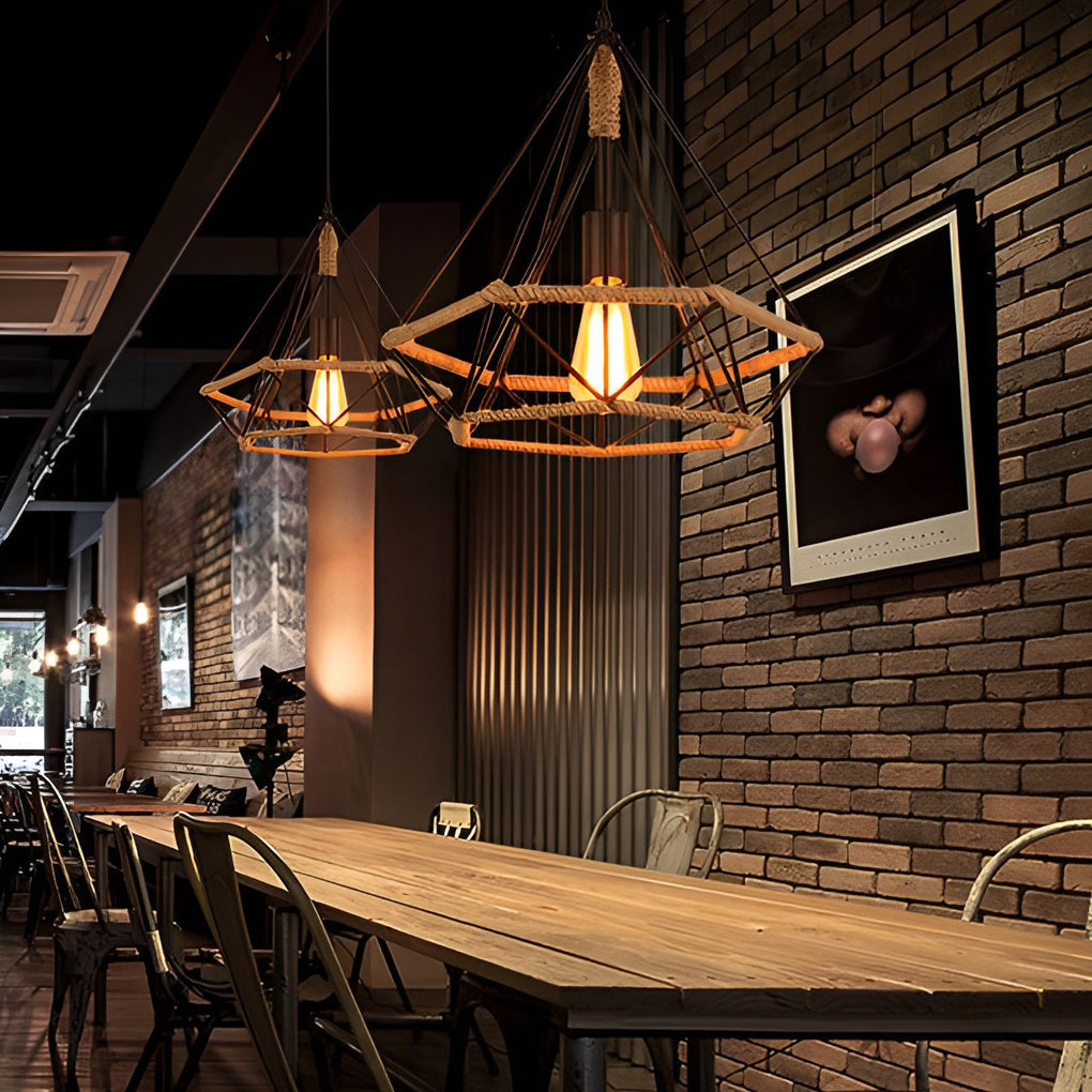 Geometric Creative Iron Rope Lantern Shape Black Rustic Chandelier Pendant Lightings