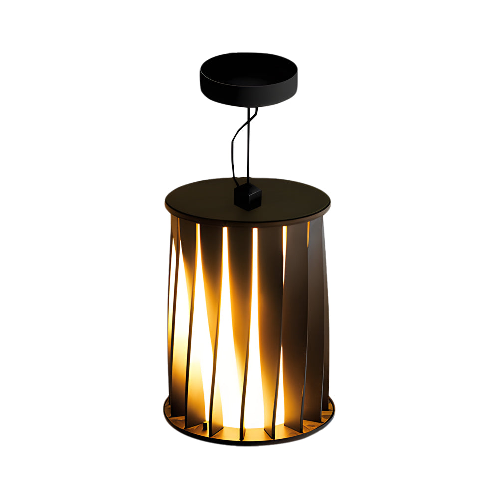 Close-up detail of illuminated pendant light showing warm glow through vertical slats, with technical dimension specifications