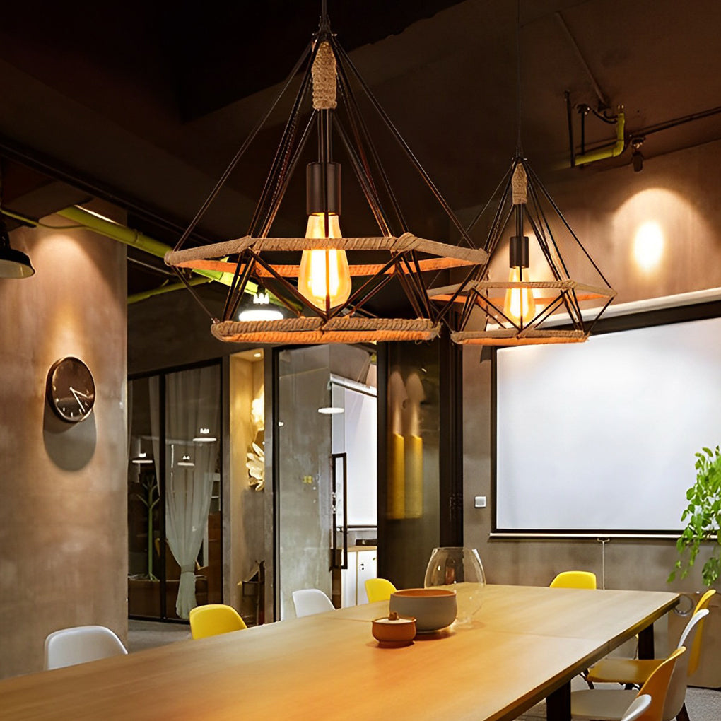 Geometric Creative Iron Rope Lantern Shape Black Rustic Chandelier Pendant Lightings
