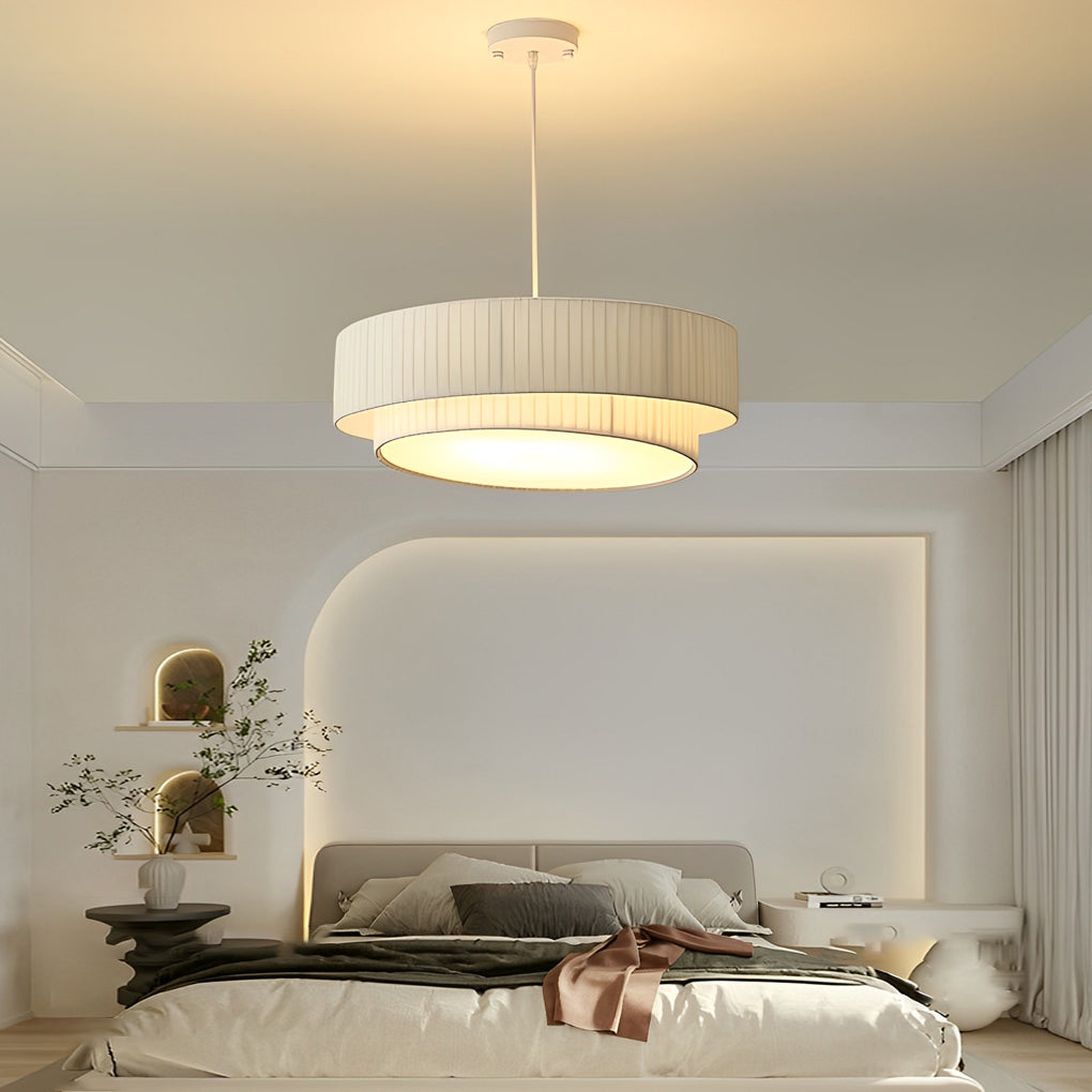 Double Layer Drum Pleated Fabric White Creative Nordic Chandelier Light Design