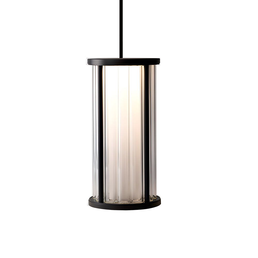 Modern cylindrical pendant light with black metal frame and frosted glass cylinder for ambient lighting