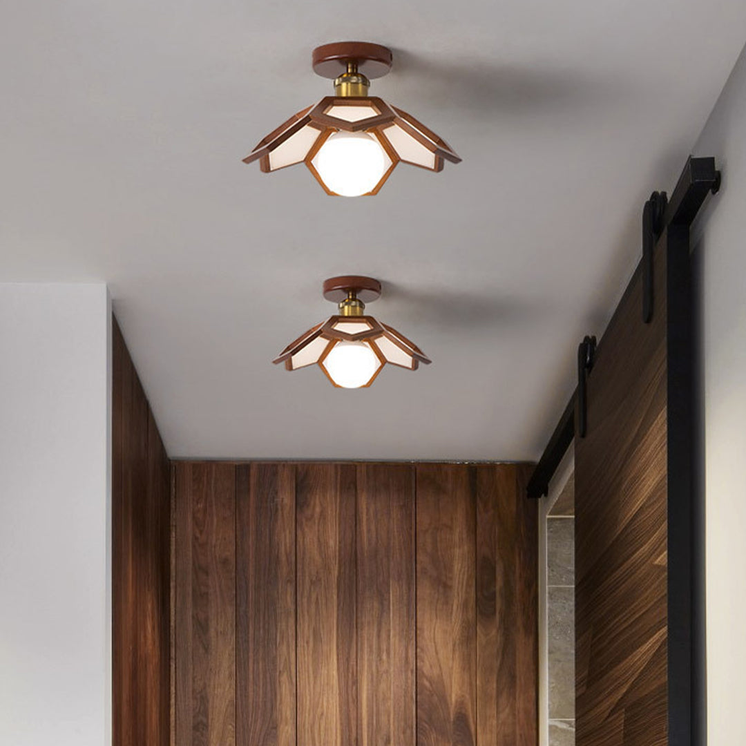Wood Semi Flush Mount Light Modern Minimalist Lotus Light Design