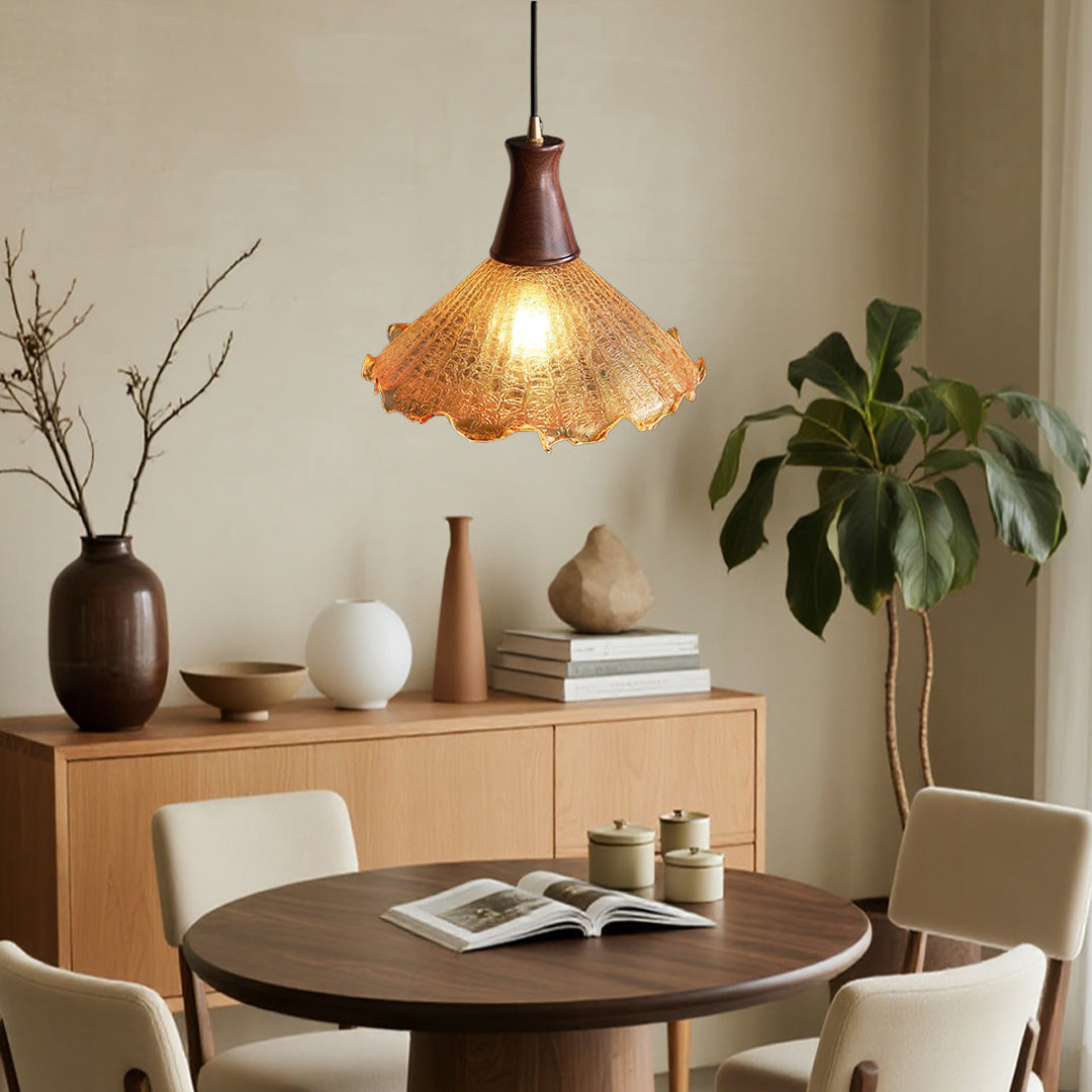 Brass Pendant Lighting Fixtures American Vintage Walnut Wood Cracked Glass Bedroom Light