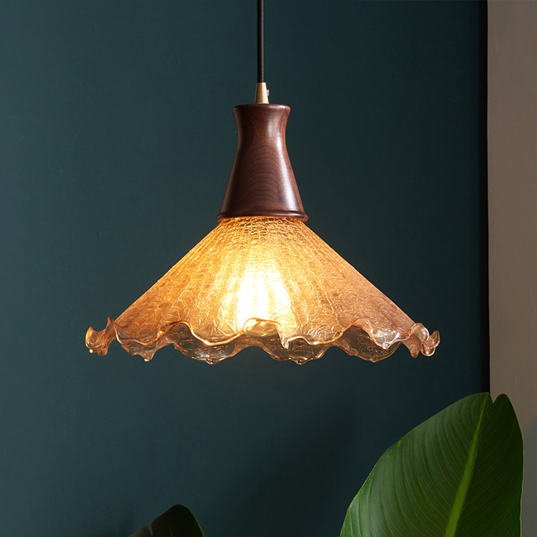 Brass Pendant Lighting Fixtures American Vintage Walnut Wood Cracked Glass Bedroom Light