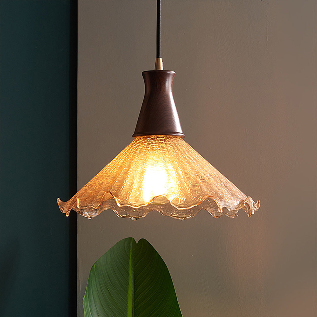 Brass Pendant Lighting Fixtures American Vintage Walnut Wood Cracked Glass Bedroom Light