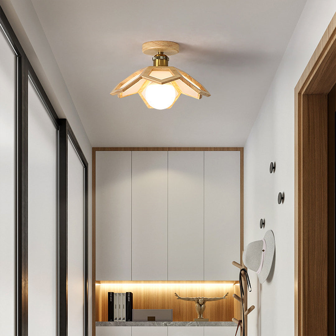 Wood Semi Flush Mount Light Modern Minimalist Lotus Light Design