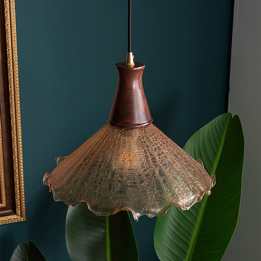 Brass Pendant Lighting Fixtures American Vintage Walnut Wood Cracked Glass Bedroom Light