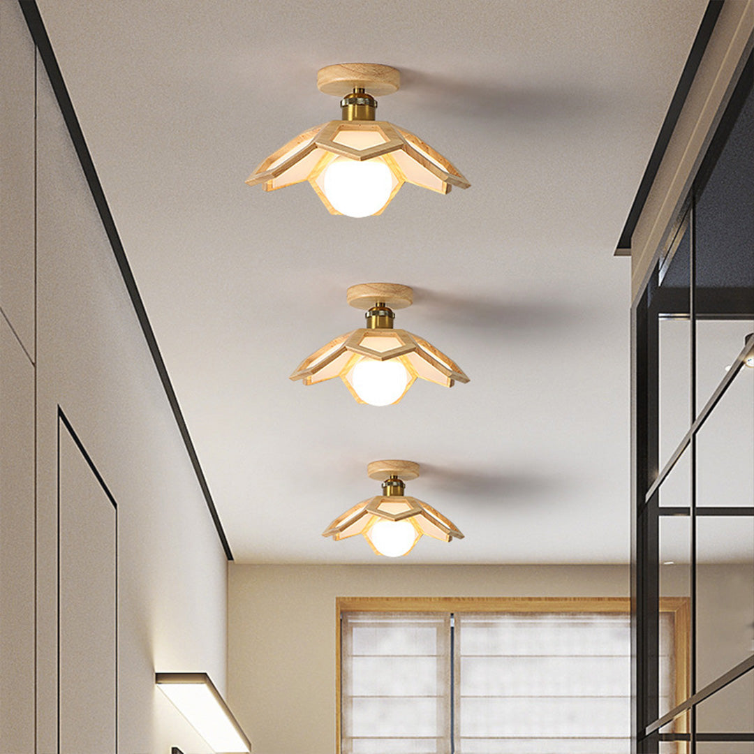 Wood Semi Flush Mount Light Modern Minimalist Lotus Light Design